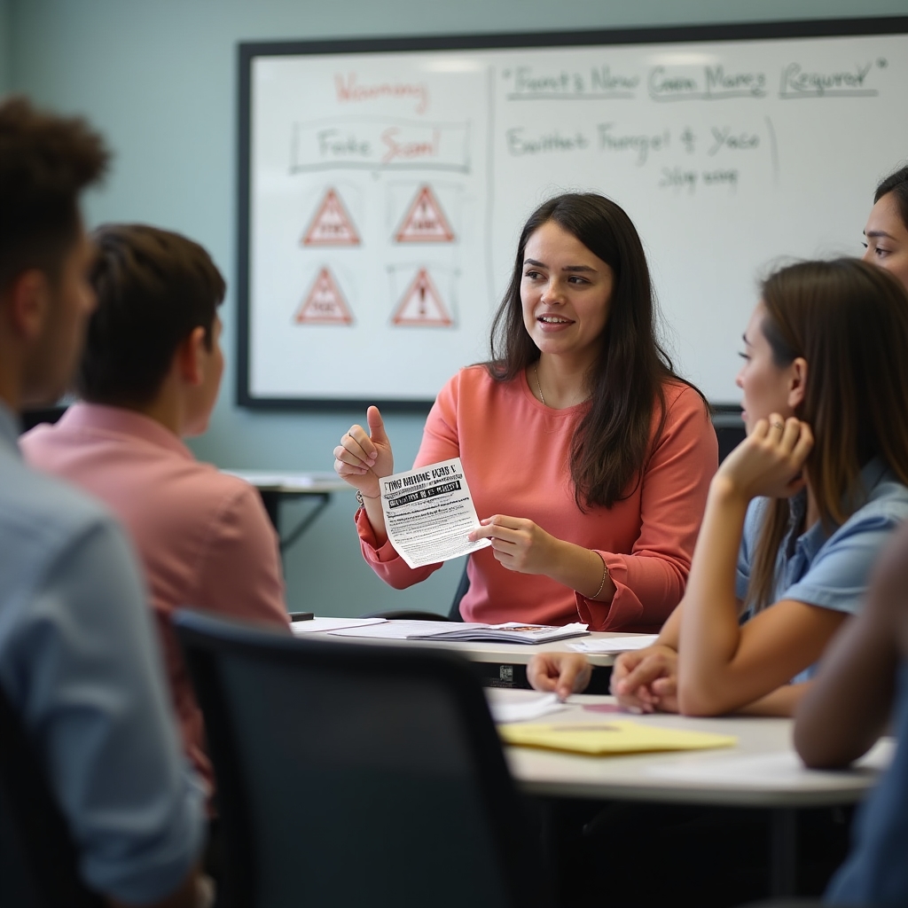 Mladi sudionici razgovaraju o prepoznavanju financijskih prijevara s edukatorom